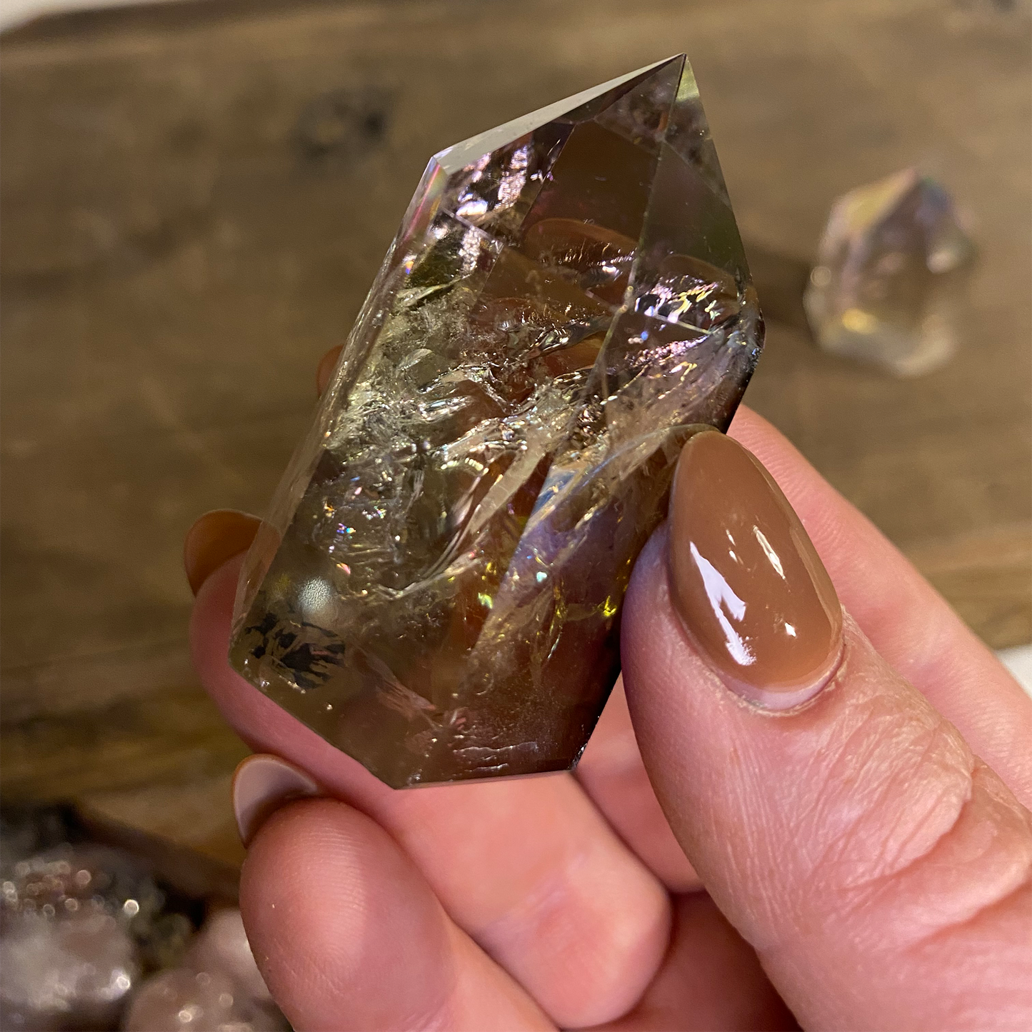 Aura Smokey Quartz Tower with Rainbow Inclusions